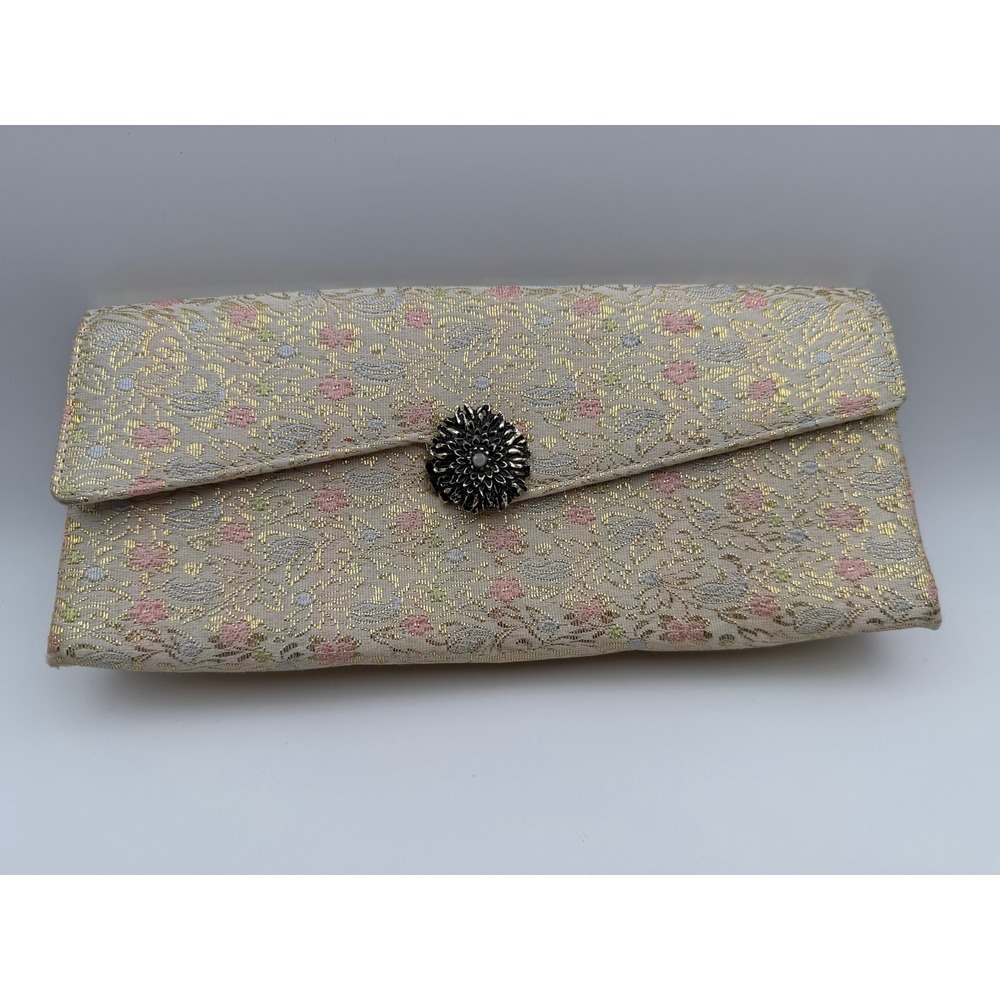 Vintage Gold Floral Brocade Evening Clutch Bag Metallic Pink Blue Flower Clasp